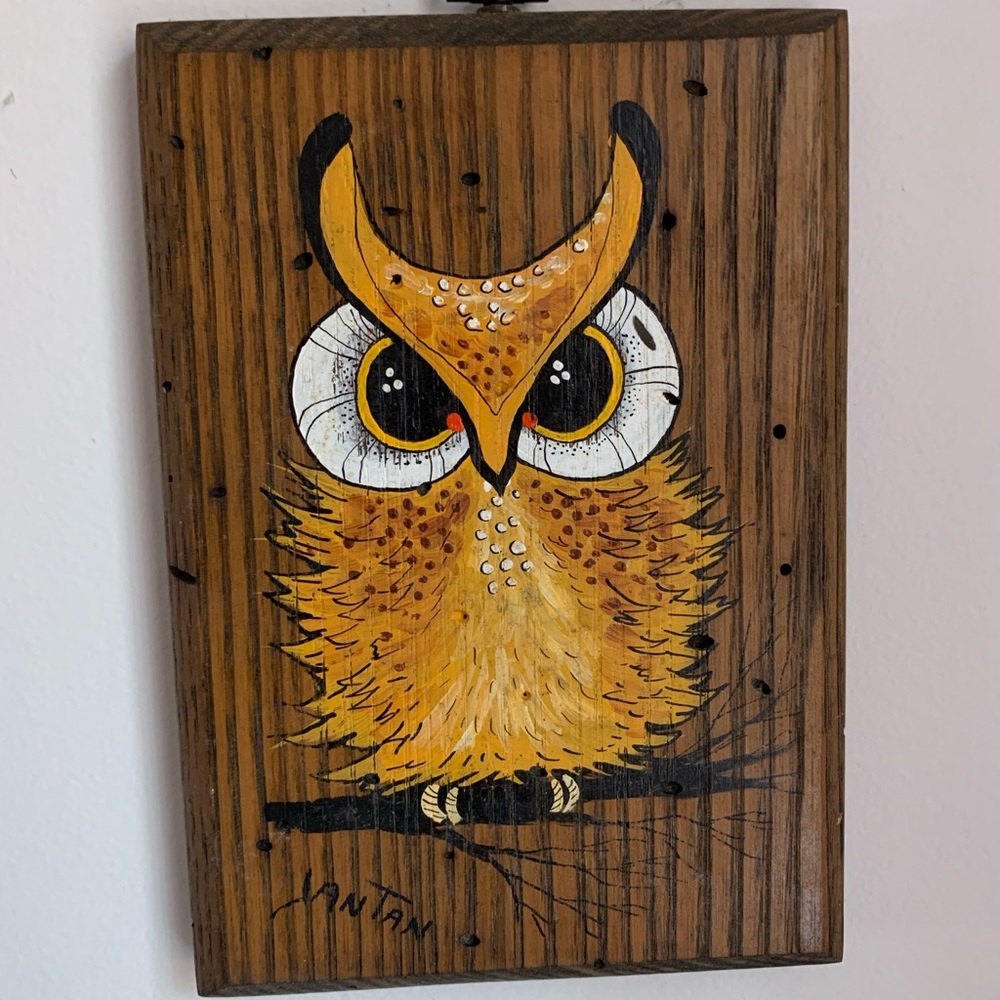 Vintage mid century wall art painted owl